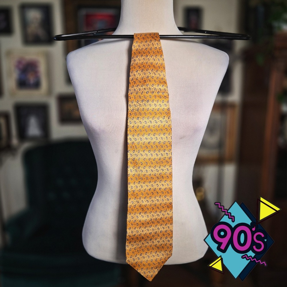 Structure Silk Tie Vintage 90s Mens Gold Paisley Geometric Made in USA Necktie